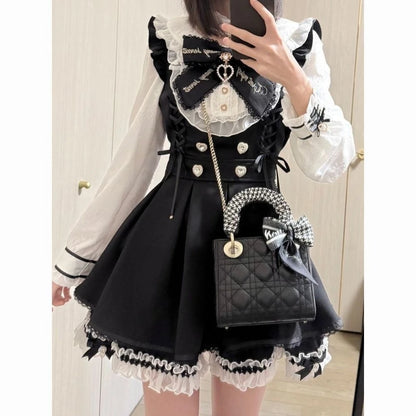 Kawaii Lolita Dress - Black Plaid Slim Fit Long Sleeve Mid-Calf Length Dress - ZOOMNSTORE