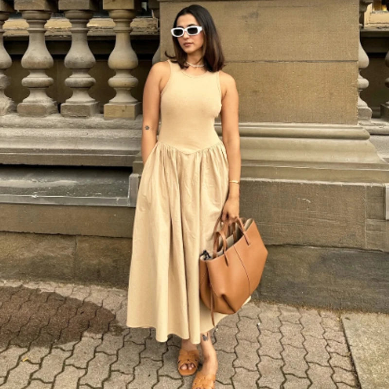 Khaki Elegant Long Dress - Womens Spring Sleeveless Casual Party Y2K Vestidos - ZOOMNSTORE