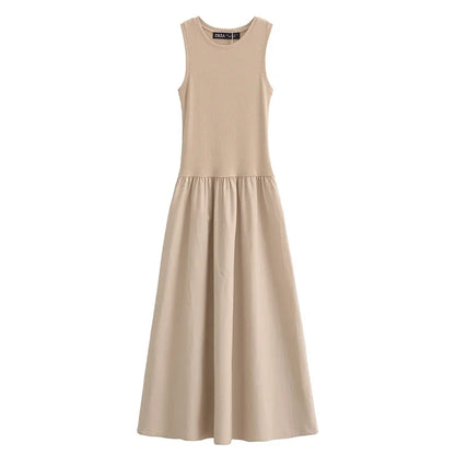 Khaki Elegant Long Dress - Womens Spring Sleeveless Casual Party Y2K Vestidos - ZOOMNSTORE
