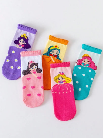 5 Pairs of Kidsren's Cartoon Socks, Autumn and Winter Baby Cute Princess Socks, Spring and Summer Girls Can Wear Soft Mid-calf Socks - ZOOMNSTORE