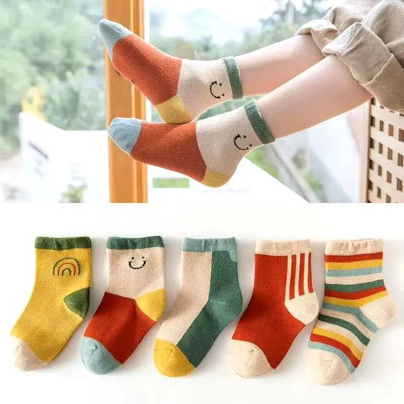 5Pairs/Lot Cute Stripe Cartoon Kids Socks Knit Warm Girls Boys Children Sock Baby Flower Floral Short Socken For 1-9Years - ZOOMNSTORE