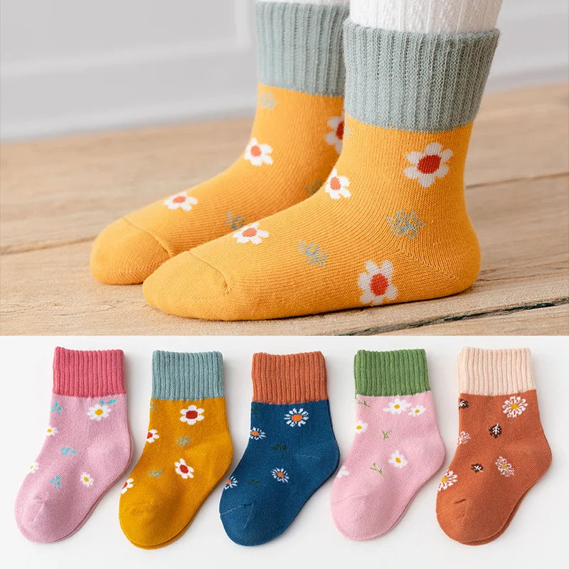 5Pairs/Lot Cute Stripe Cartoon Kids Socks Knit Warm Girls Boys Children Sock Baby Flower Floral Short Socken For 1-9Years - ZOOMNSTORE