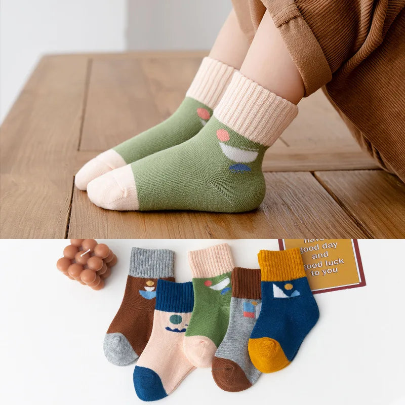 5Pairs/Lot Cute Stripe Cartoon Kids Socks Knit Warm Girls Boys Children Sock Baby Flower Floral Short Socken For 1-9Years - ZOOMNSTORE