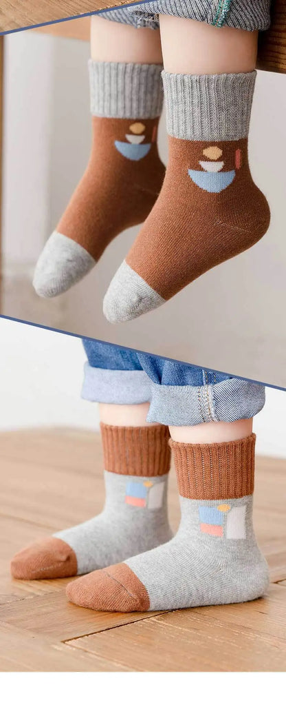 5Pairs/Lot Cute Stripe Cartoon Kids Socks Knit Warm Girls Boys Children Sock Baby Flower Floral Short Socken For 1-9Years - ZOOMNSTORE