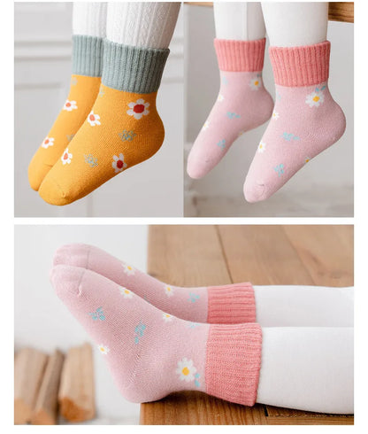 5Pairs/Lot Cute Stripe Cartoon Kids Socks Knit Warm Girls Boys Children Sock Baby Flower Floral Short Socken For 1-9Years - ZOOMNSTORE