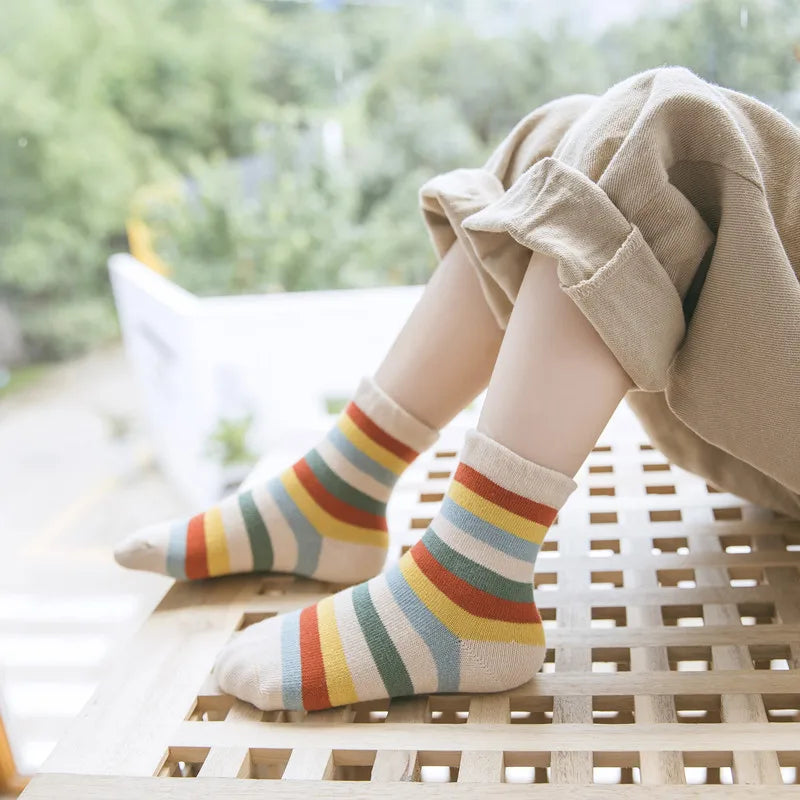 5Pairs/Lot Cute Stripe Cartoon Kids Socks Knit Warm Girls Boys Children Sock Baby Flower Floral Short Socken For 1-9Years - ZOOMNSTORE