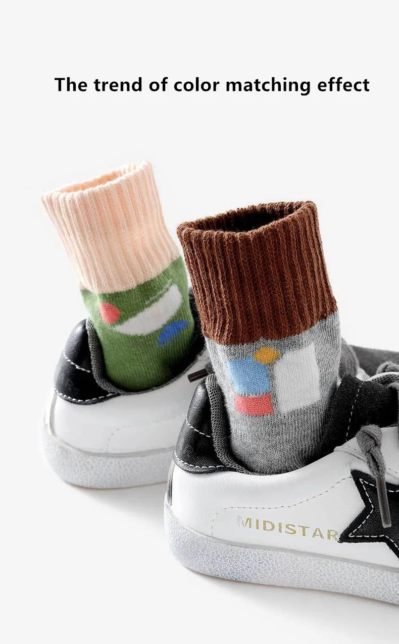 5Pairs/Lot Cute Stripe Cartoon Kids Socks Knit Warm Girls Boys Children Sock Baby Flower Floral Short Socken For 1-9Years - ZOOMNSTORE