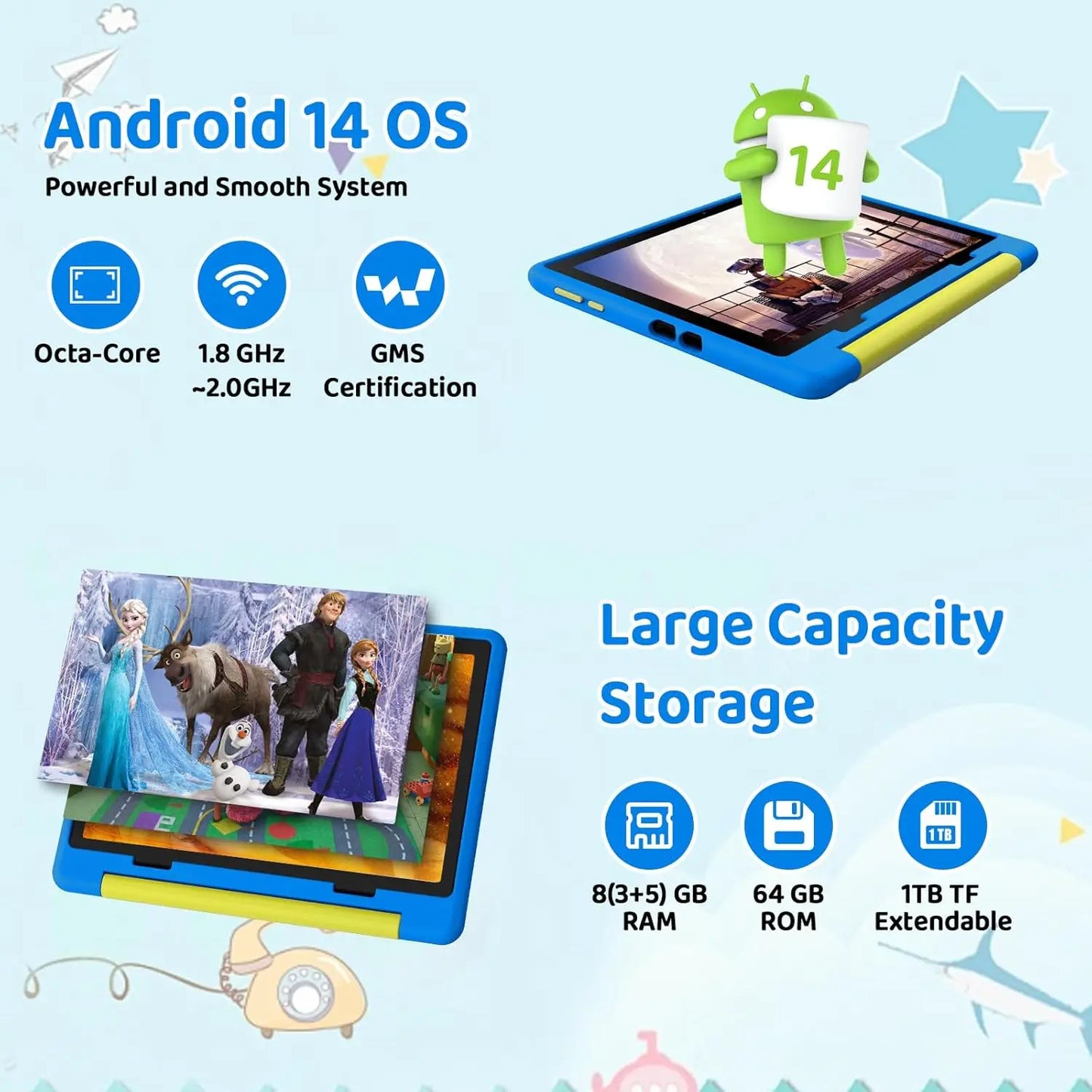 URAO 10 Inch Cartoon Pattern Kids Tablet Android Octa-Core 8GB RAM 64GB ROM Learning Education Games Tablets Children's Gifts - ZOOMNSTORE