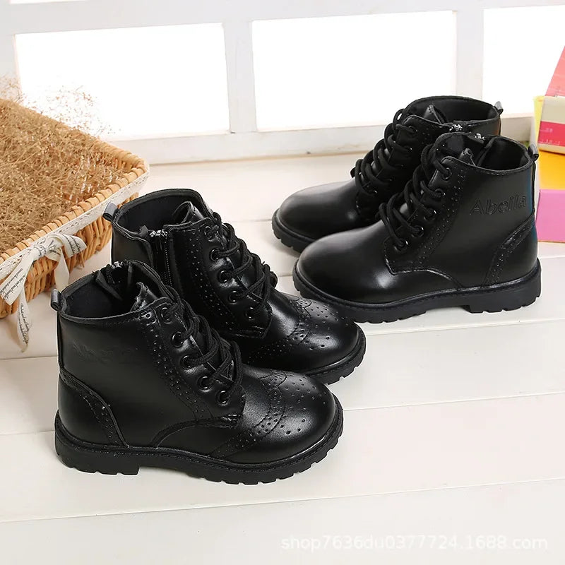 Kids Casual Boots - Black PU Leather Ankle Boots for Boys & Girls with Zipper Closure - ZOOMNSTORE