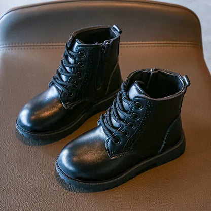Kids Casual Boots - Black PU Leather Ankle Boots for Boys & Girls with Zipper Closure - ZOOMNSTORE
