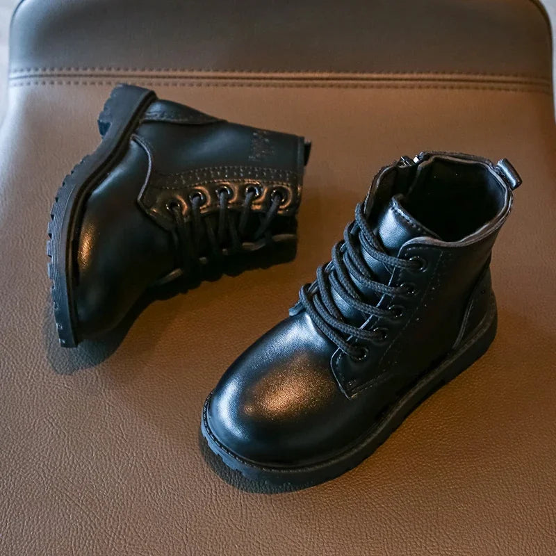 Kids Casual Boots - Black PU Leather Ankle Boots for Boys & Girls with Zipper Closure - ZOOMNSTORE