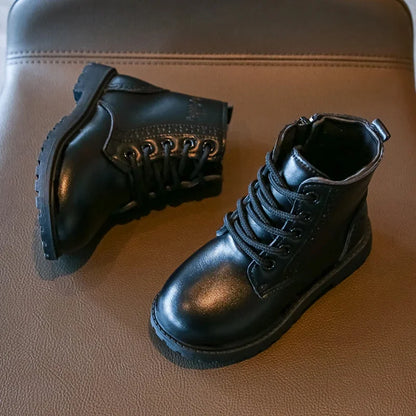 Kids Casual Boots - Black PU Leather Ankle Boots for Boys & Girls with Zipper Closure - ZOOMNSTORE