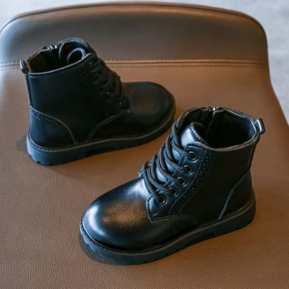 Kids Casual Boots - Black PU Leather Ankle Boots for Boys & Girls with Zipper Closure - ZOOMNSTORE