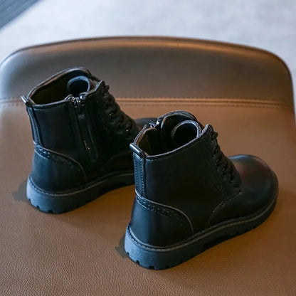Kids Casual Boots - Black PU Leather Ankle Boots for Boys & Girls with Zipper Closure - ZOOMNSTORE