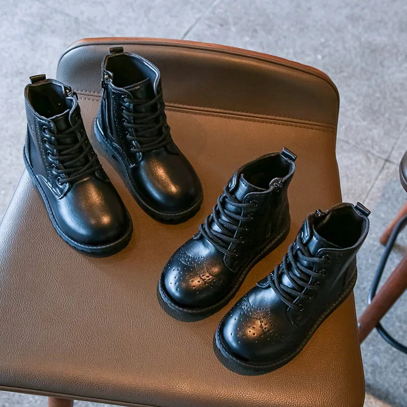 Kids Casual Boots - Black PU Leather Ankle Boots for Boys & Girls with Zipper Closure - ZOOMNSTORE