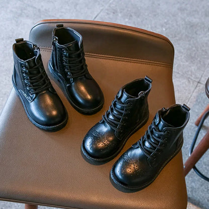 Kids Casual Boots - Black PU Leather Ankle Boots for Boys & Girls with Zipper Closure - ZOOMNSTORE