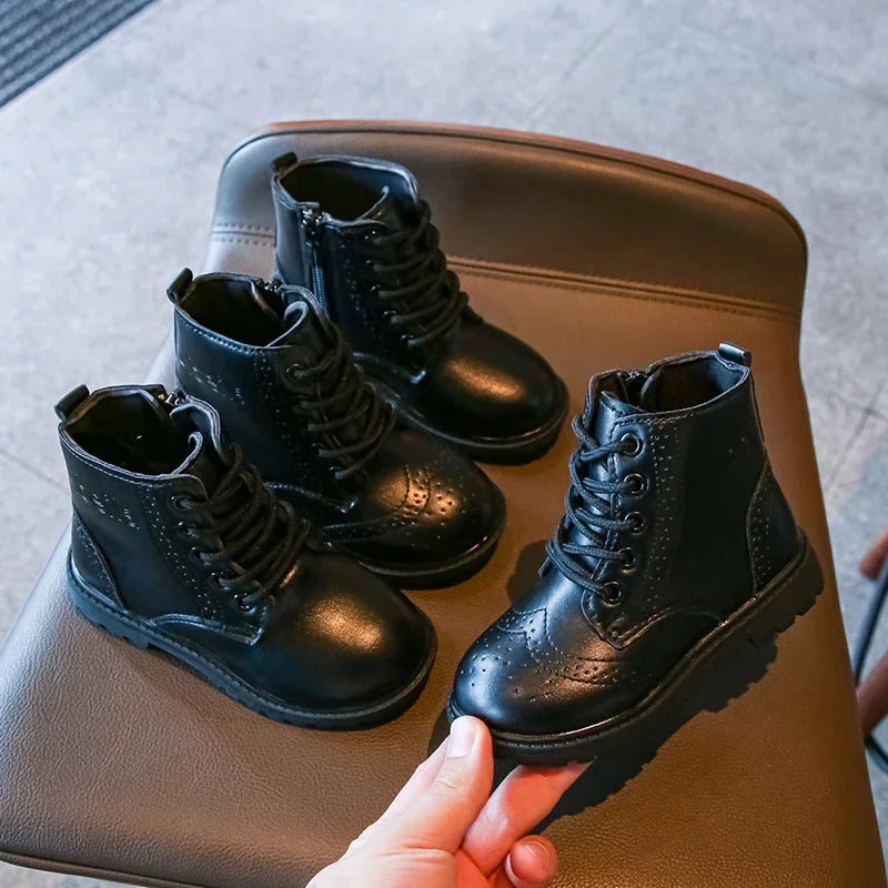 Kids Casual Boots - Black PU Leather Ankle Boots for Boys & Girls with Zipper Closure - ZOOMNSTORE