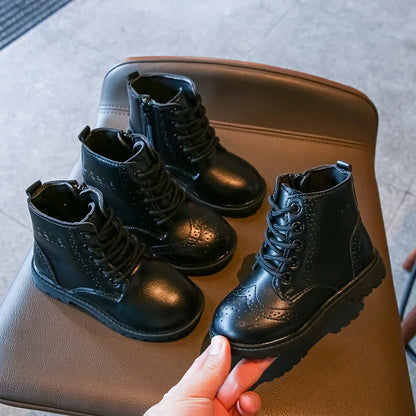 Kids Casual Boots - Black PU Leather Ankle Boots for Boys & Girls with Zipper Closure - ZOOMNSTORE