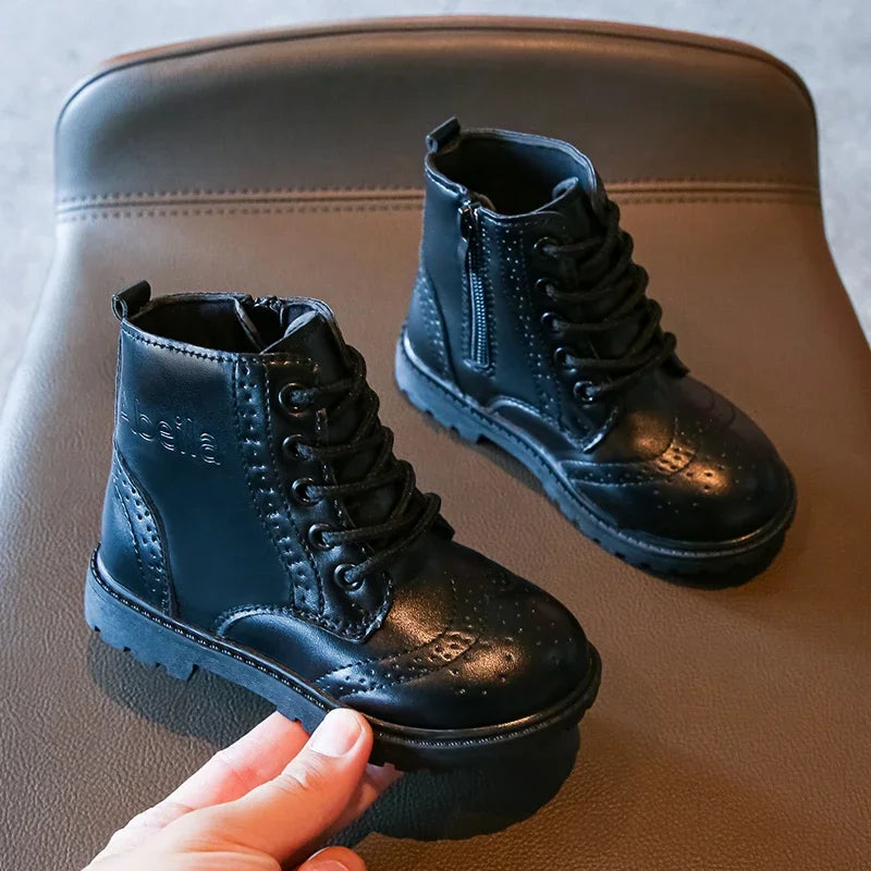 Kids Casual Boots - Black PU Leather Ankle Boots for Boys & Girls with Zipper Closure - ZOOMNSTORE