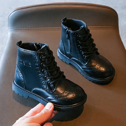 Kids Casual Boots - Black PU Leather Ankle Boots for Boys & Girls with Zipper Closure - ZOOMNSTORE