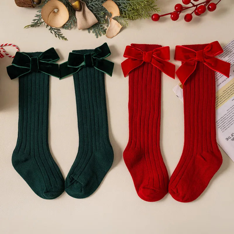 Kids Christmas Girls Socks Autumn Winter Toddlers Red Bowknot Baby Knee High Long Sock Soft Cotton Children Socken For 0-5 Years - ZOOMNSTORE