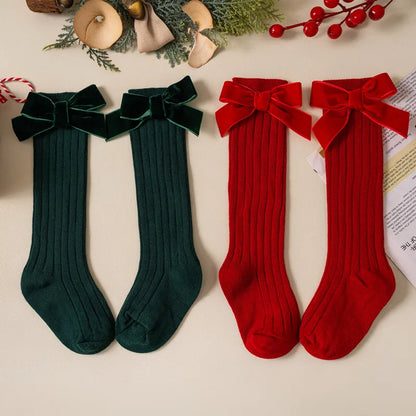 Kids Christmas Girls Socks Autumn Winter Toddlers Red Bowknot Baby Knee High Long Sock Soft Cotton Children Socken For 0-5 Years - ZOOMNSTORE