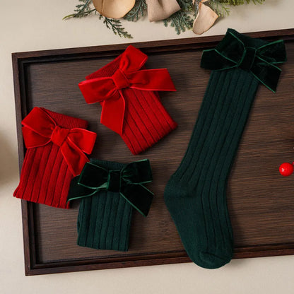 Kids Christmas Girls Socks Autumn Winter Toddlers Red Bowknot Baby Knee High Long Sock Soft Cotton Children Socken For 0-5 Years - ZOOMNSTORE