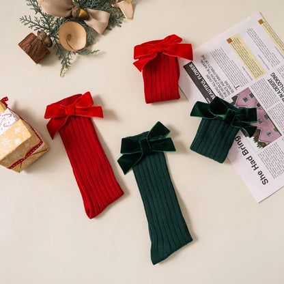 Kids Christmas Girls Socks Autumn Winter Toddlers Red Bowknot Baby Knee High Long Sock Soft Cotton Children Socken For 0-5 Years - ZOOMNSTORE