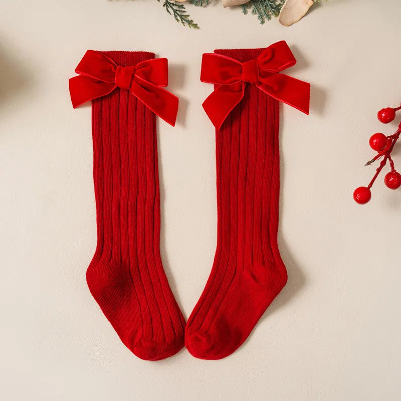 Kids Christmas Girls Socks Autumn Winter Toddlers Red Bowknot Baby Knee High Long Sock Soft Cotton Children Socken For 0-5 Years - ZOOMNSTORE