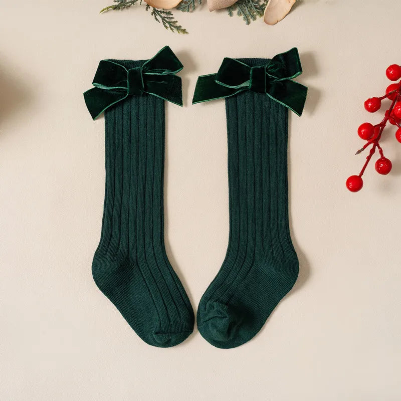 Kids Christmas Girls Socks Autumn Winter Toddlers Red Bowknot Baby Knee High Long Sock Soft Cotton Children Socken For 0-5 Years - ZOOMNSTORE