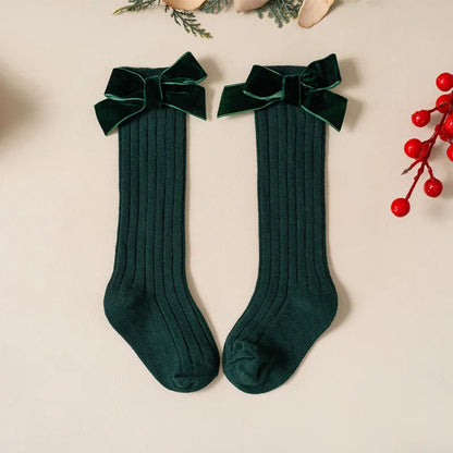 Kids Christmas Girls Socks Autumn Winter Toddlers Red Bowknot Baby Knee High Long Sock Soft Cotton Children Socken For 0-5 Years - ZOOMNSTORE