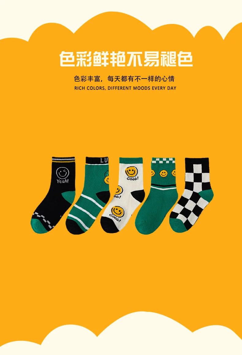5pairs/Lot autumn winter girls cotton socks child student socks smile boys new Fashion multi-color warmer baby kids sport socks - ZOOMNSTORE
