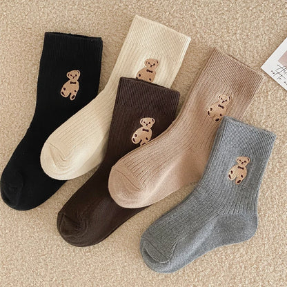 1 Pairs Cotton Kids Socks Korean Retro Style Bear Embroidery Girls Boy Toddler Knitted Socks Warmth Tube Socks For 1-9 Year - ZOOMNSTORE