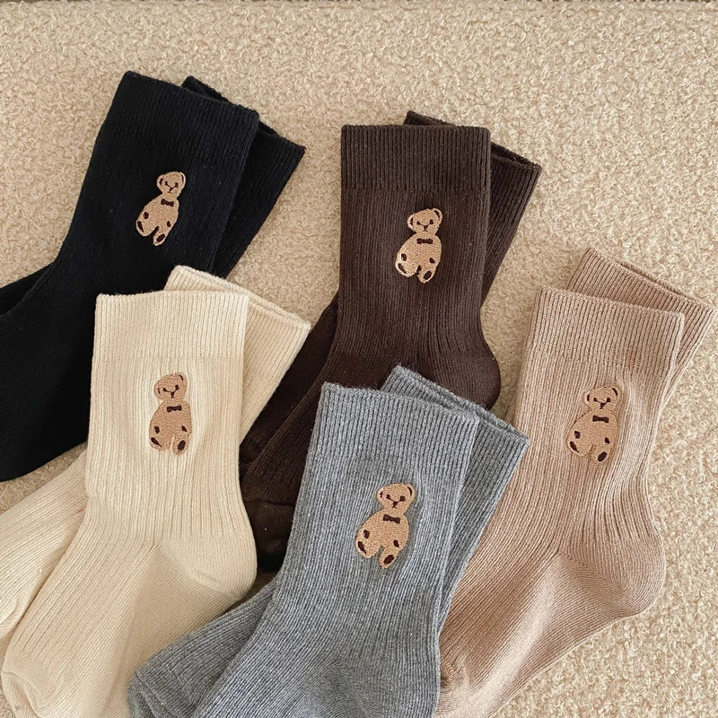 1 Pairs Cotton Kids Socks Korean Retro Style Bear Embroidery Girls Boy Toddler Knitted Socks Warmth Tube Socks For 1-9 Year - ZOOMNSTORE