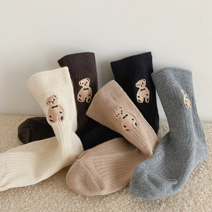 1 Pairs Cotton Kids Socks Korean Retro Style Bear Embroidery Girls Boy Toddler Knitted Socks Warmth Tube Socks For 1-9 Year - ZOOMNSTORE