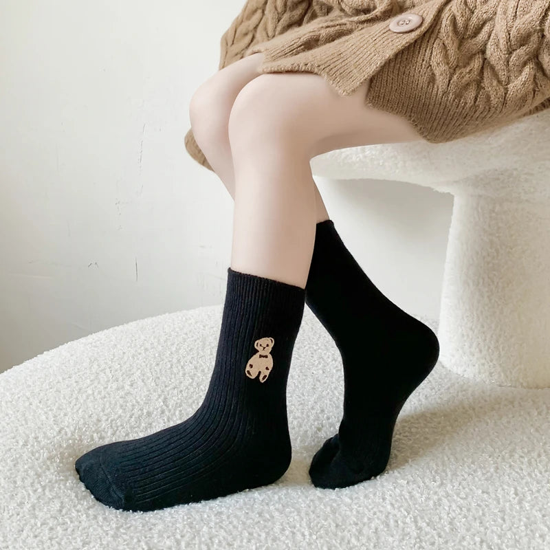 1 Pairs Cotton Kids Socks Korean Retro Style Bear Embroidery Girls Boy Toddler Knitted Socks Warmth Tube Socks For 1-9 Year - ZOOMNSTORE