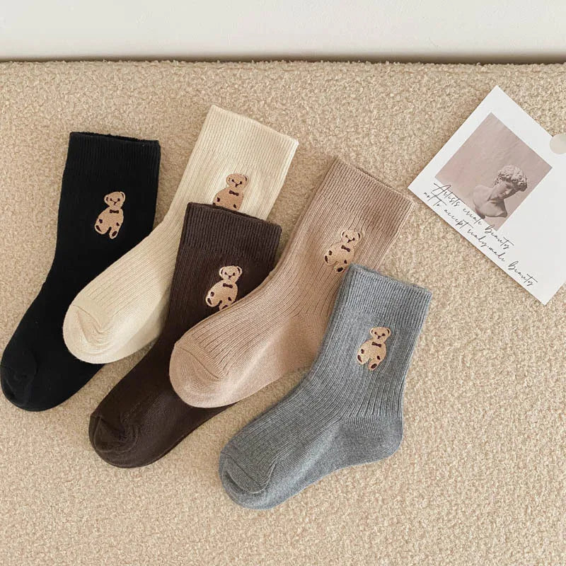1 Pairs Cotton Kids Socks Korean Retro Style Bear Embroidery Girls Boy Toddler Knitted Socks Warmth Tube Socks For 1-9 Year - ZOOMNSTORE