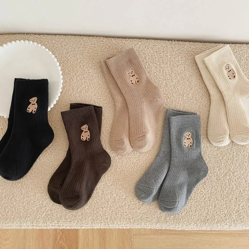 1 Pairs Cotton Kids Socks Korean Retro Style Bear Embroidery Girls Boy Toddler Knitted Socks Warmth Tube Socks For 1-9 Year - ZOOMNSTORE