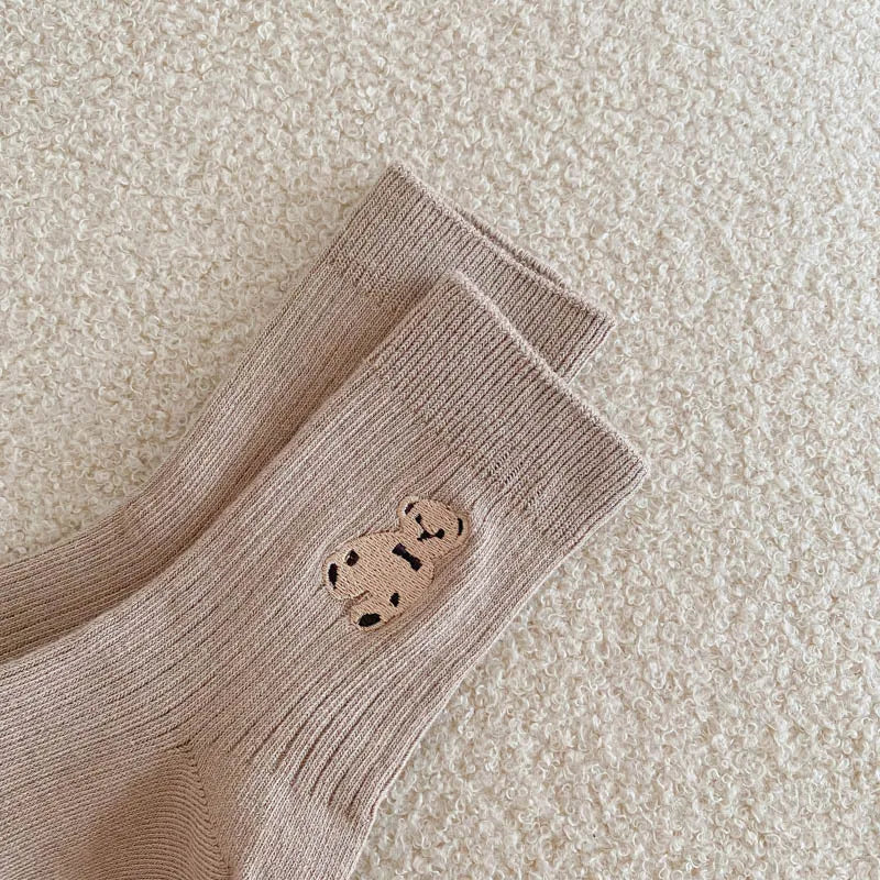 1 Pairs Cotton Kids Socks Korean Retro Style Bear Embroidery Girls Boy Toddler Knitted Socks Warmth Tube Socks For 1-9 Year - ZOOMNSTORE