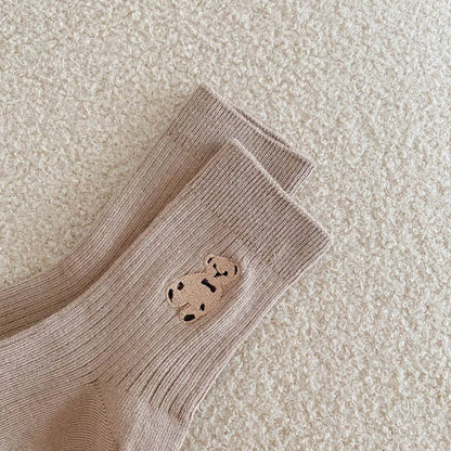 1 Pairs Cotton Kids Socks Korean Retro Style Bear Embroidery Girls Boy Toddler Knitted Socks Warmth Tube Socks For 1-9 Year - ZOOMNSTORE