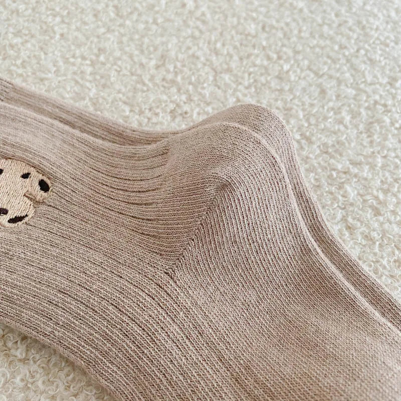 1 Pairs Cotton Kids Socks Korean Retro Style Bear Embroidery Girls Boy Toddler Knitted Socks Warmth Tube Socks For 1-9 Year - ZOOMNSTORE