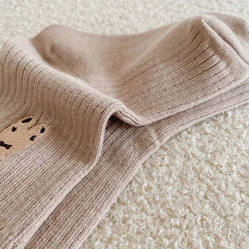 1 Pairs Cotton Kids Socks Korean Retro Style Bear Embroidery Girls Boy Toddler Knitted Socks Warmth Tube Socks For 1-9 Year - ZOOMNSTORE
