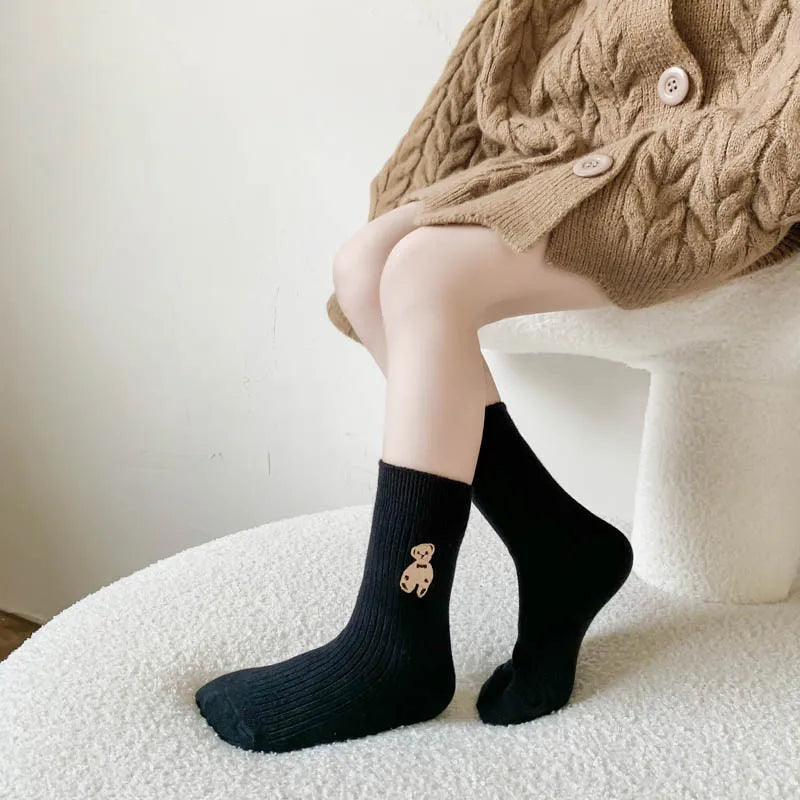 1 Pairs Cotton Kids Socks Korean Retro Style Bear Embroidery Girls Boy Toddler Knitted Socks Warmth Tube Socks For 1-9 Year - ZOOMNSTORE