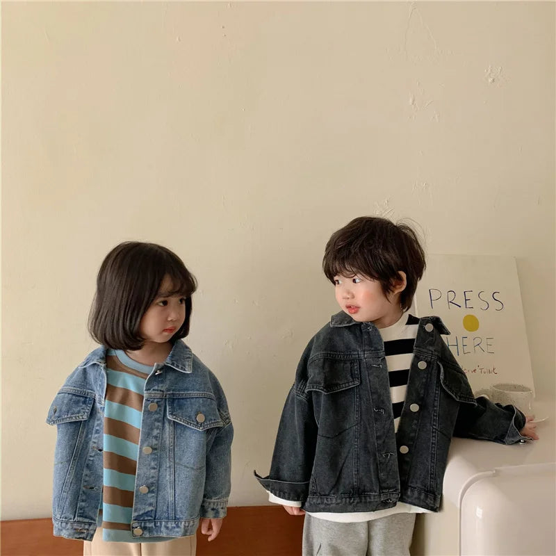 Casual Denim Jacket for Kids - Long Sleeve Turn-down Collar Coat Ages 2-6 - ZOOMNSTORE