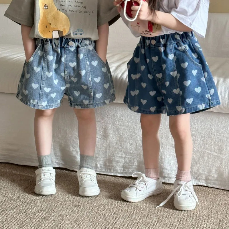 Heart Print Denim Shorts - Casual Knee-Length Shorts for Kids 1-8Y - ZOOMNSTORE