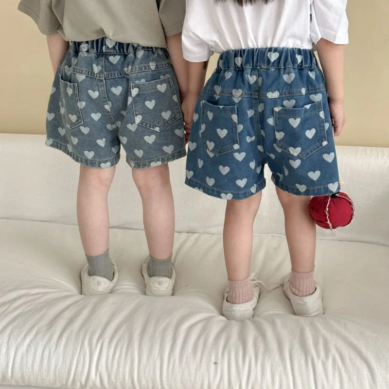 Heart Print Denim Shorts - Casual Knee-Length Shorts for Kids 1-8Y - ZOOMNSTORE