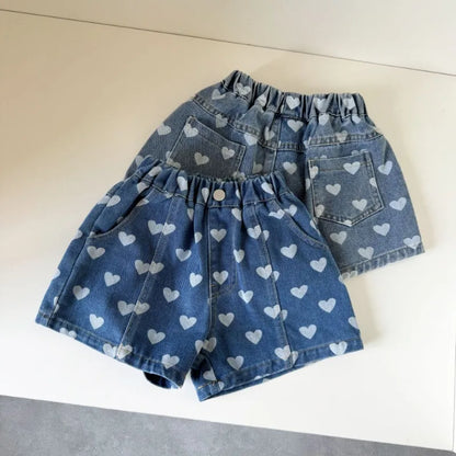 Heart Print Denim Shorts - Casual Knee-Length Shorts for Kids 1-8Y - ZOOMNSTORE