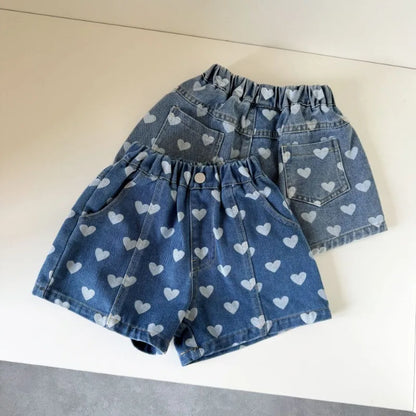 Heart Print Denim Shorts - Casual Knee-Length Shorts for Kids 1-8Y - ZOOMNSTORE