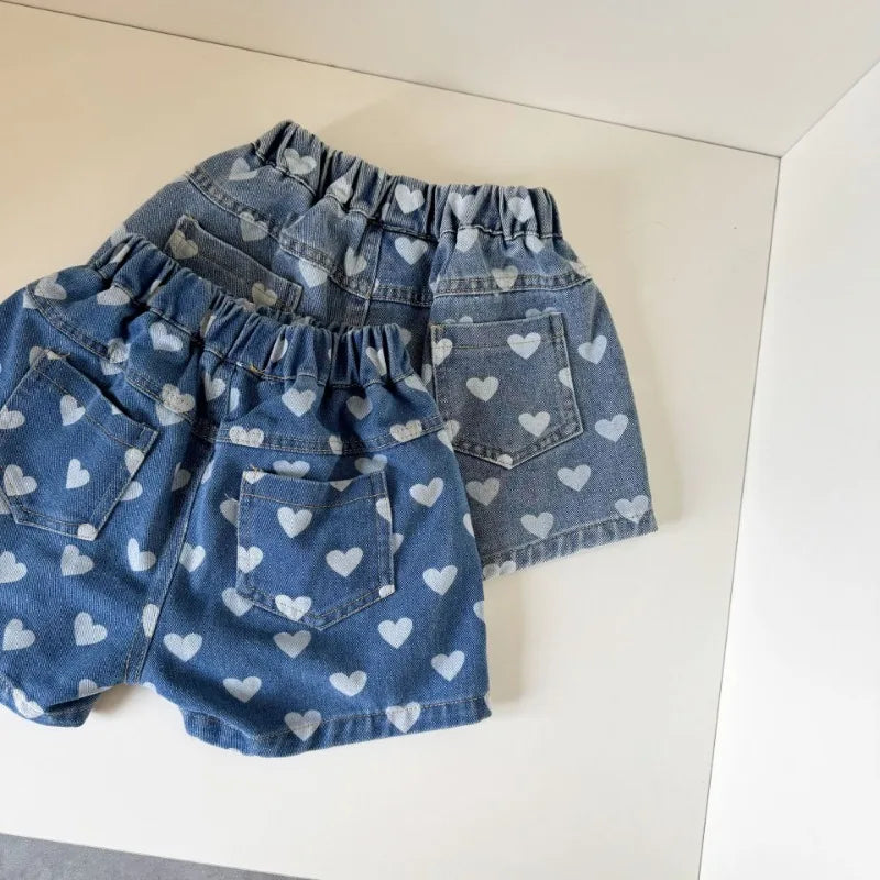 Heart Print Denim Shorts - Casual Knee-Length Shorts for Kids 1-8Y - ZOOMNSTORE