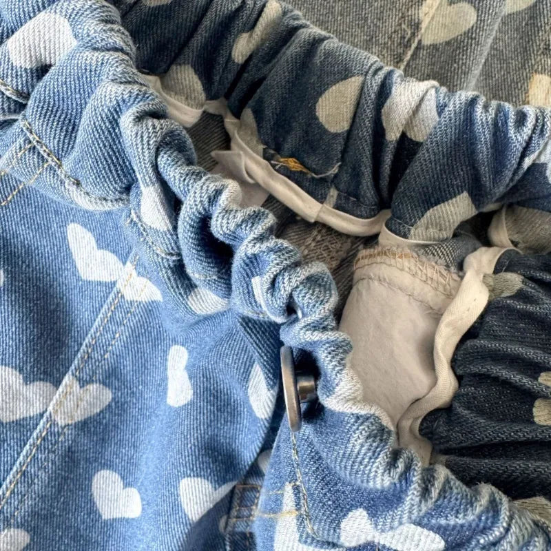 Heart Print Denim Shorts - Casual Knee-Length Shorts for Kids 1-8Y - ZOOMNSTORE